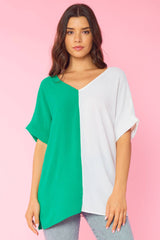 FSL Apparel - ST3379 - COLOR BLOCK V NECK AIR FLOW SHORT SLEEVE WOVEN TOP: KELLY/OFF WHITE / M