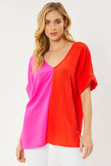 FSL Apparel - ST3379 - COLOR BLOCK V NECK AIR FLOW SHORT SLEEVE WOVEN TOP: HOT PINK/TOMATO / S