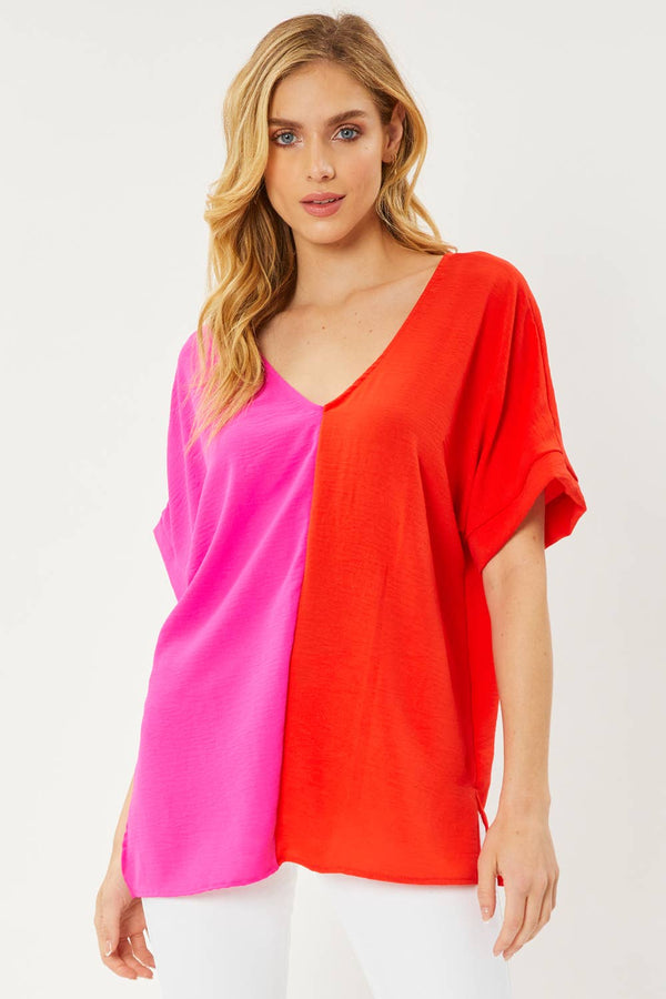 FSL Apparel - ST3379 - COLOR BLOCK V NECK AIR FLOW SHORT SLEEVE WOVEN TOP: HOT PINK/TOMATO / S