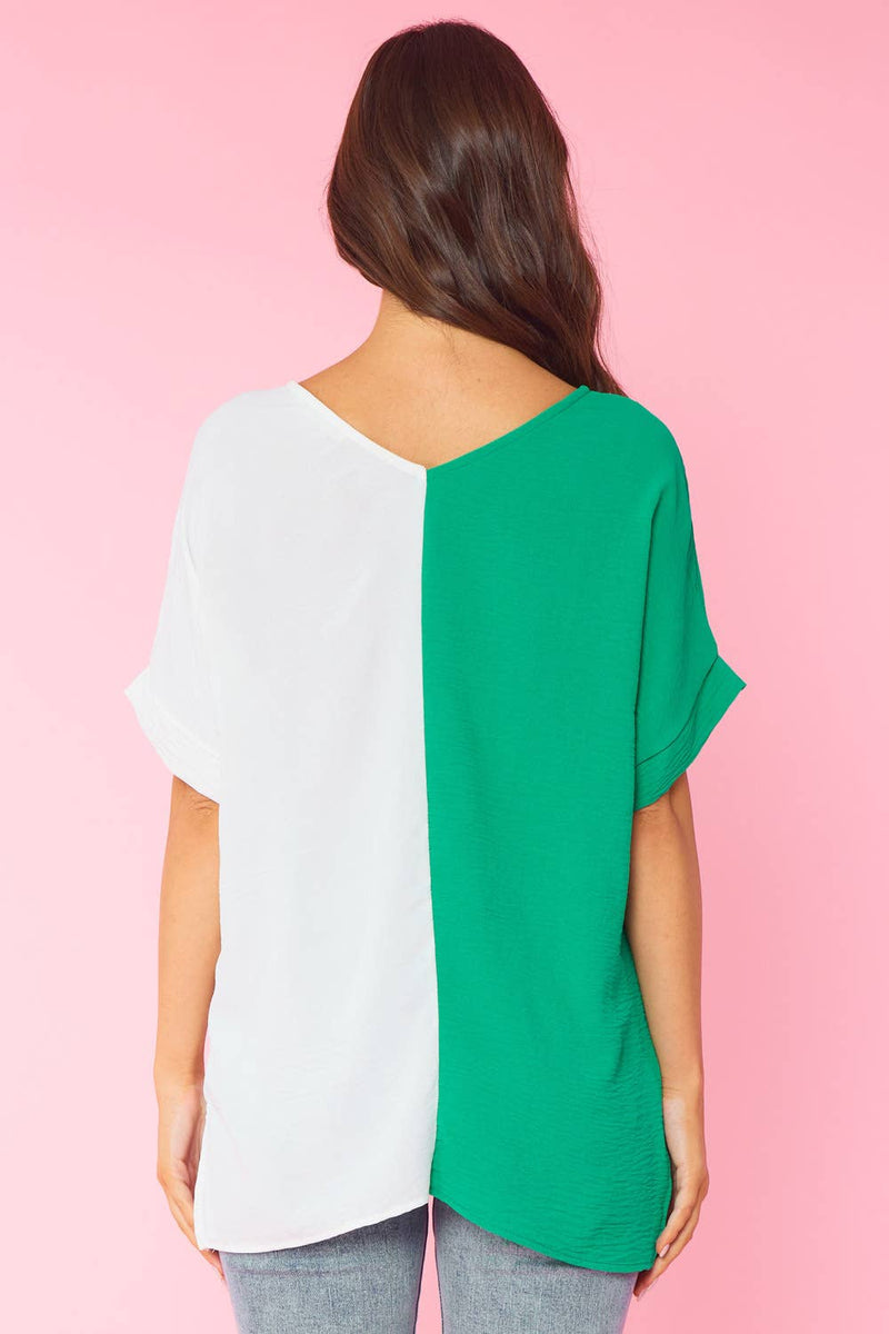 FSL Apparel - ST3379 - COLOR BLOCK V NECK AIR FLOW SHORT SLEEVE WOVEN TOP: KELLY/OFF WHITE / M