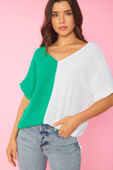 FSL Apparel - ST3379 - COLOR BLOCK V NECK AIR FLOW SHORT SLEEVE WOVEN TOP: HOT PINK/TOMATO / S